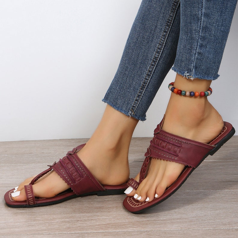 Buffalo Sandals Leather Flat Printed Women's Sandals Wine Red