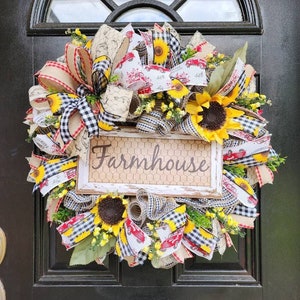 Farmhouse wreath with sunflowersl,sunflower farmhouse style door decor,farm decor,rustic wreath,everyday wreath,farmhouse sign image 1