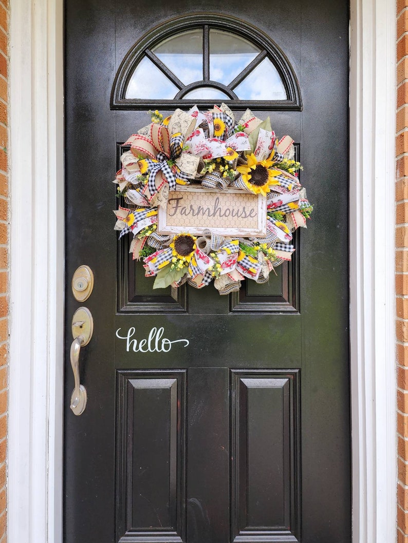 Farmhouse wreath with sunflowersl,sunflower farmhouse style door decor,farm decor,rustic wreath,everyday wreath,farmhouse sign image 2