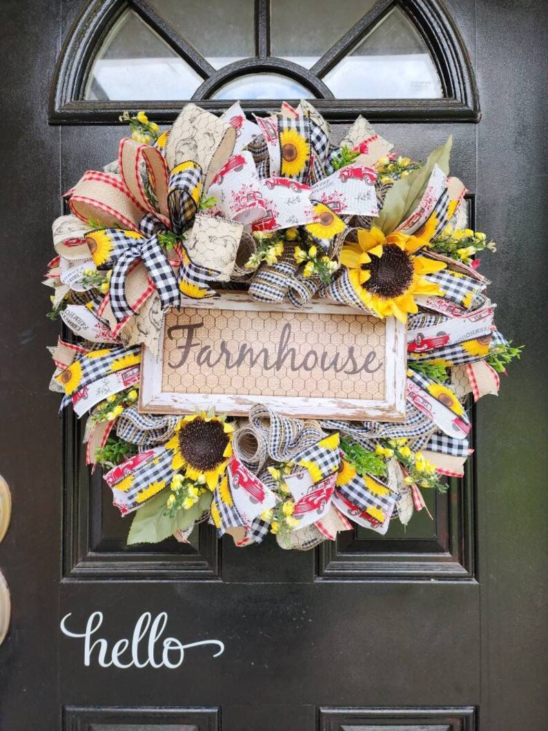 Farmhouse wreath with sunflowersl,sunflower farmhouse style door decor,farm decor,rustic wreath,everyday wreath,farmhouse sign image 1