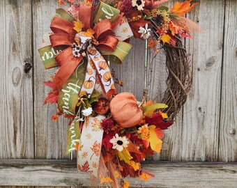 Elegant fall wreath,velvet pumpkin grapevine for door,Rich fall colors,Fall pumpkin wreath, Large fall oval wreat with pumpkins,luxury decor