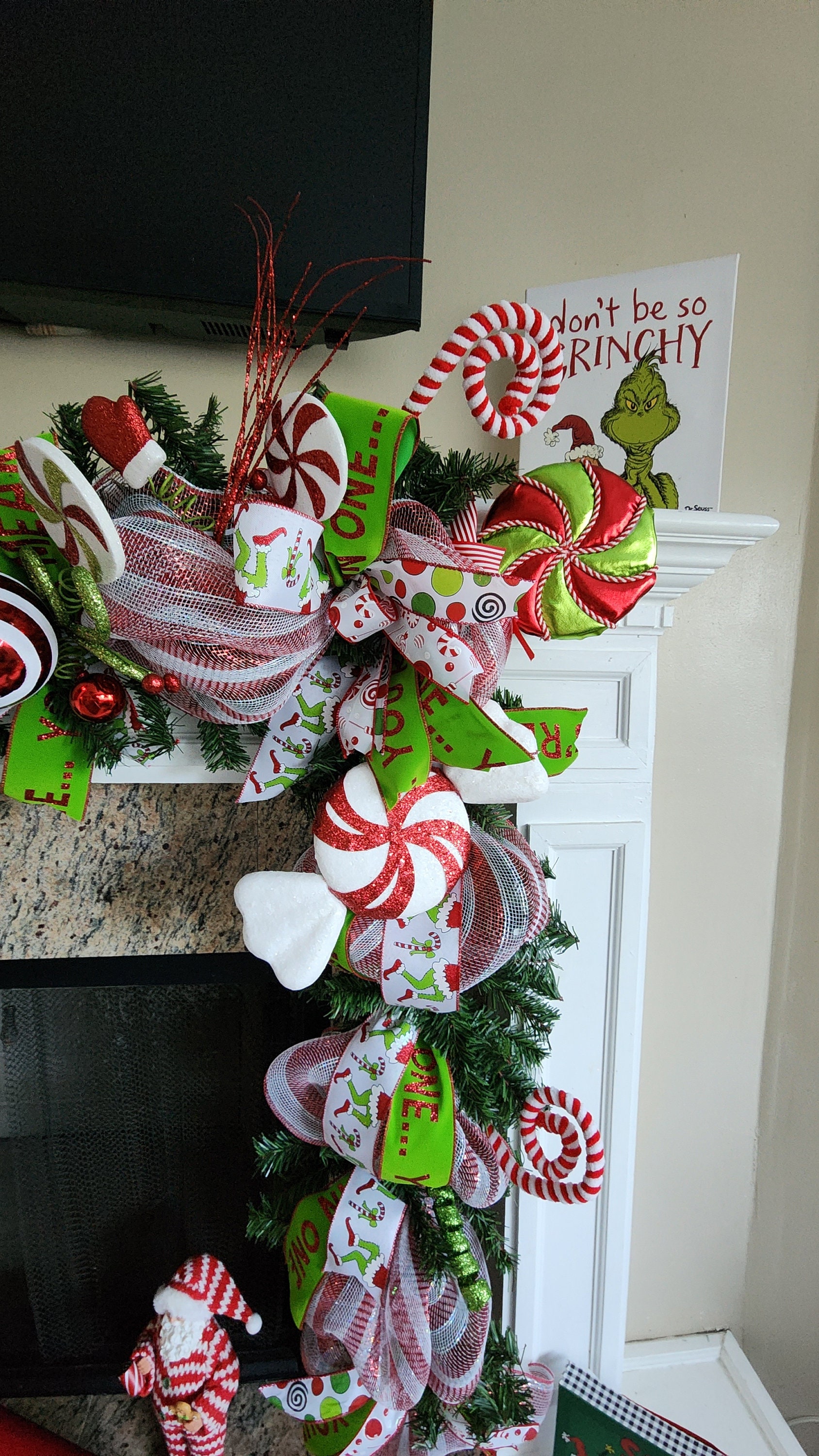 Grinch Inspired Garland for Mantle, Christmas Garland,garland With  Lights,green and Red Garland,christmas Monster Decor,grinchy Face 