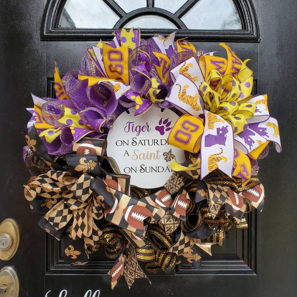 LSU Saints wreath, fan wreath,tiger wreath,who dat wreath,Louisiana wreath for door,fan decor,lsu tigers,Saints gear,