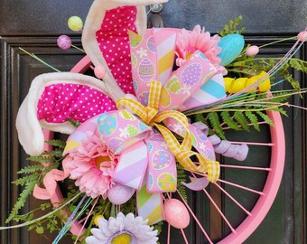 Bike rim wreath,bunny bike rim wreath,eadter door hanger with ears,bunny ear wreath,pink bike rim wreath