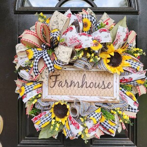 Farmhouse wreath with sunflowersl,sunflower farmhouse style door decor,farm decor,rustic wreath,everyday wreath,farmhouse sign image 9