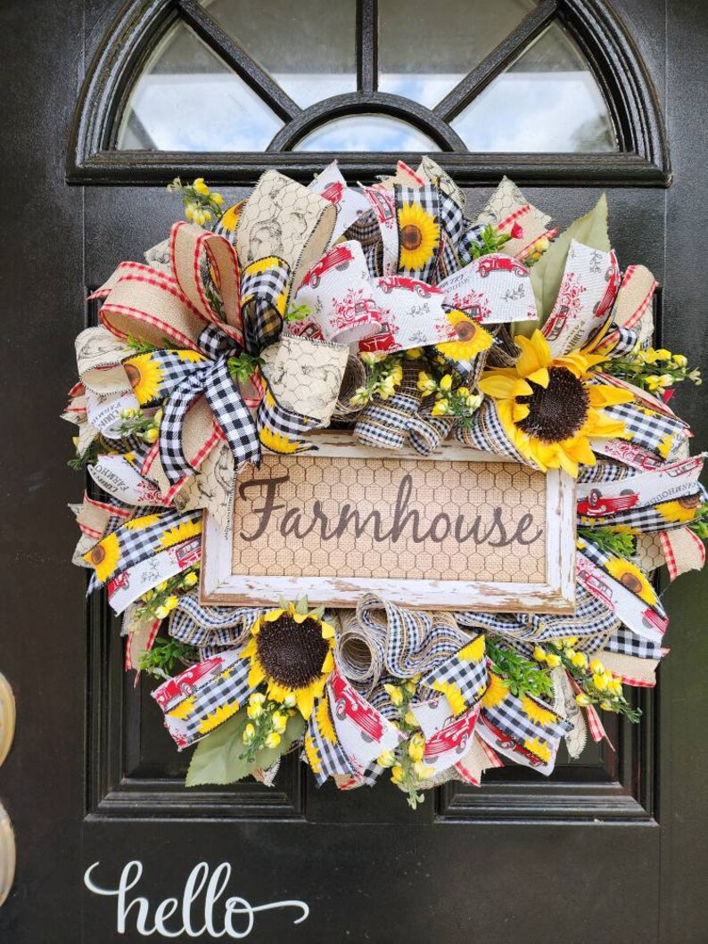 Farmhouse wreath with sunflowersl,sunflower farmhouse style door decor,farm decor,rustic wreath,everyday wreath,farmhouse sign image 9