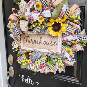 Farmhouse wreath with sunflowersl,sunflower farmhouse style door decor,farm decor,rustic wreath,everyday wreath,farmhouse sign image 7