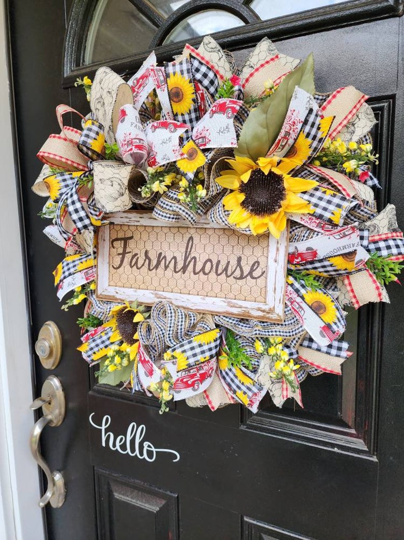 Farmhouse wreath with sunflowersl,sunflower farmhouse style door decor,farm decor,rustic wreath,everyday wreath,farmhouse sign image 7