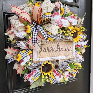 Farmhouse wreath with sunflowersl,sunflower farmhouse style door decor,farm decor,rustic wreath,everyday wreath,farmhouse sign image 5