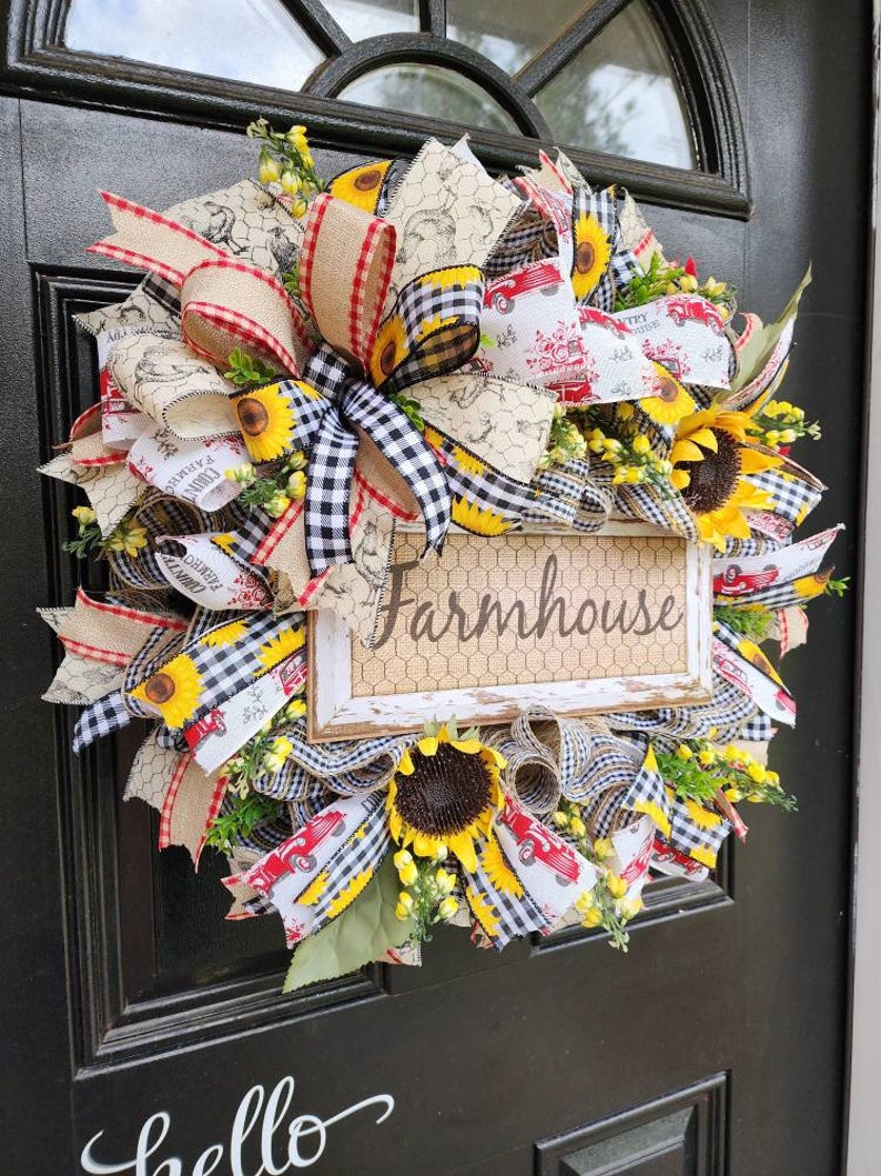 Farmhouse wreath with sunflowersl,sunflower farmhouse style door decor,farm decor,rustic wreath,everyday wreath,farmhouse sign image 5