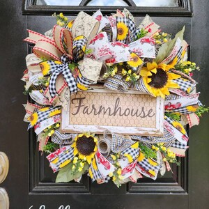 Farmhouse wreath with sunflowersl,sunflower farmhouse style door decor,farm decor,rustic wreath,everyday wreath,farmhouse sign image 6