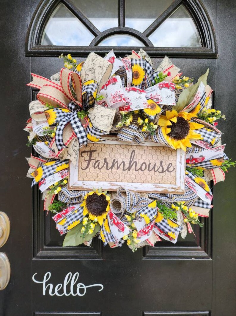 Farmhouse wreath with sunflowersl,sunflower farmhouse style door decor,farm decor,rustic wreath,everyday wreath,farmhouse sign image 6