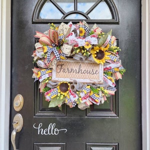 Farmhouse wreath with sunflowersl,sunflower farmhouse style door decor,farm decor,rustic wreath,everyday wreath,farmhouse sign image 4