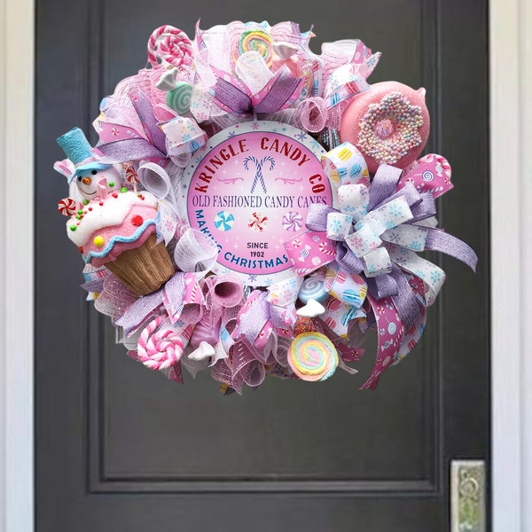 Christmas sweets wreath,pastel snowman wreath,candyland wreath for door,pink lollipop decor,winter wonderland front door wreath
