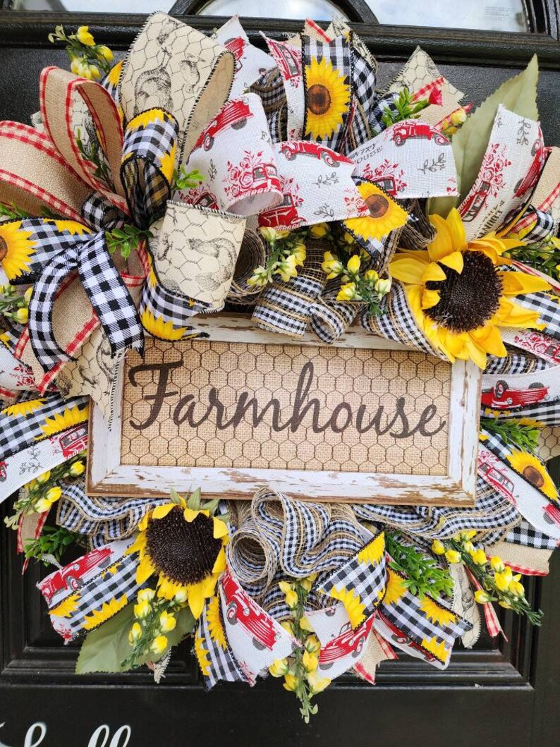 Farmhouse wreath with sunflowersl,sunflower farmhouse style door decor,farm decor,rustic wreath,everyday wreath,farmhouse sign image 10