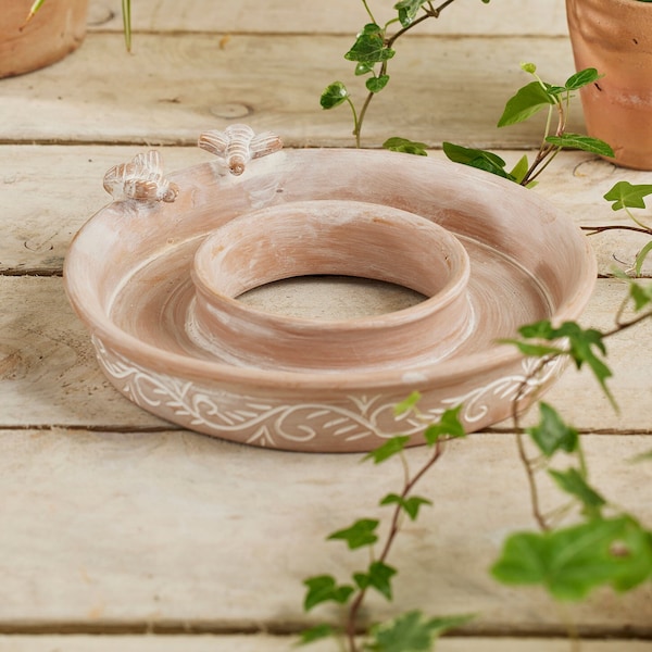 Terracotta Ring Bird Bath/Feeder With Bee