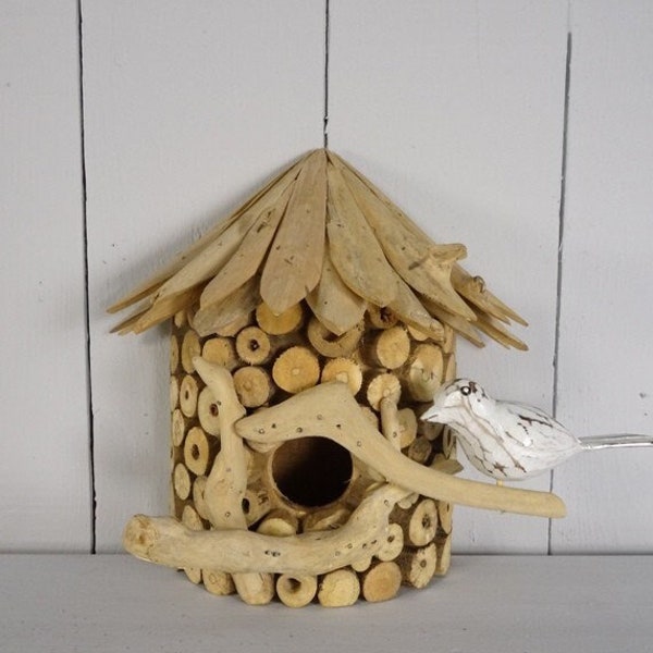 Driftwood Half Birdhouse with Two Birds 21x19cm