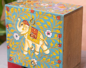 Jayan Elephant Handpainted 4-Drawer Mini Storage Chest
