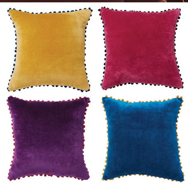 2 X Ella Cotton Velvet Cushion Covers With Pom Poms 45 X 45cm Etsy UK
