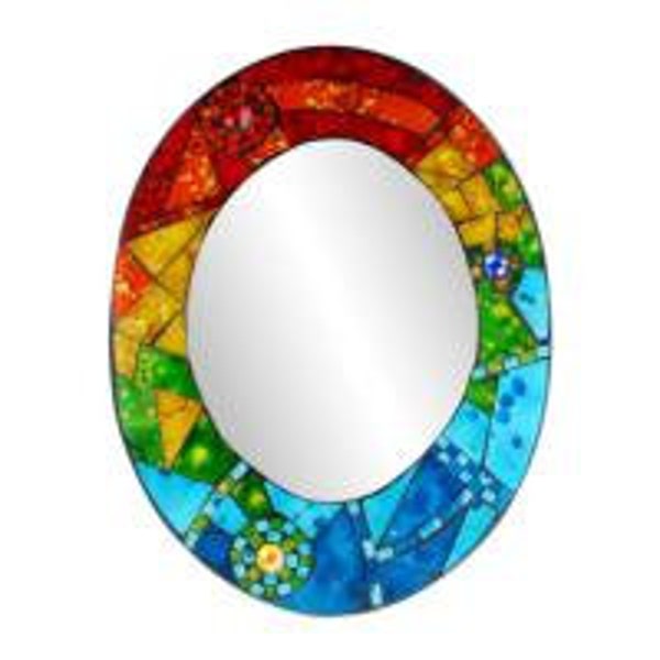 Handcrafted Mirror Oval with Mosaic Surround, 40cm. Rainbow