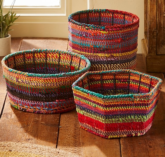 Covered Round Metal Basket. Recycled Fabric Etsy