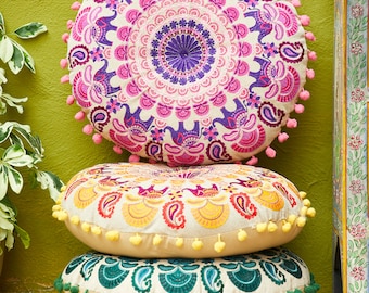 Pre-filled Round Embroidered Mandala Yoga Cushion