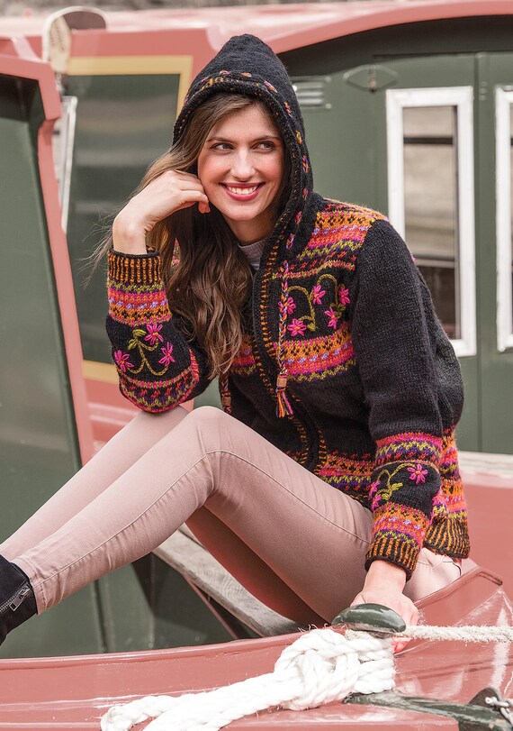 Himalayan Flower Hand Knitted Zip Hooded Wool Jacket Handcrafted Etsy Canada