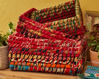 Recycled Sari & Seagrass Set 3 Baskets