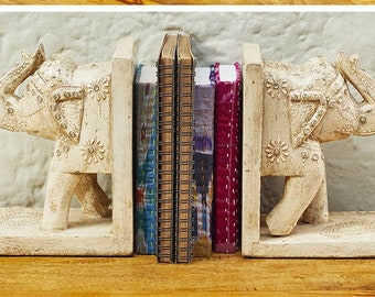 White elephant wooden bookends