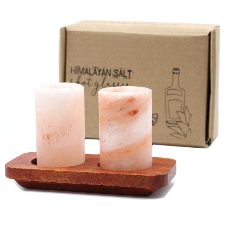 Set of 2 Himalayan Salt Shot Glasses & Wood Serving Stand Etsy
