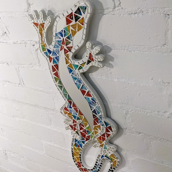 Miroir gecko, mosaïque multicolore, 60 x 19 cm