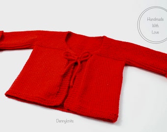 Hand Knitted Baby Cardigan, Red Baby Cardigan, Baby clothes, Soft knit baby cardigan, Tie up Baby cardigan
