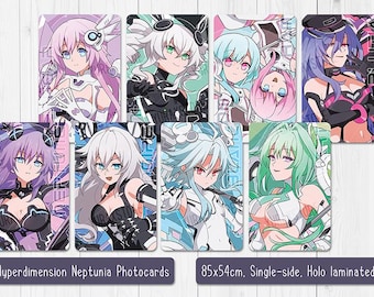 May include: A set of seven rectangular Hyperdimension Neptunia photocards featuring anime-style characters with colorful hair and futuristic outfits. The cards are single-sided and holo-laminated, measuring 85x54cm as indicated by the printed text.