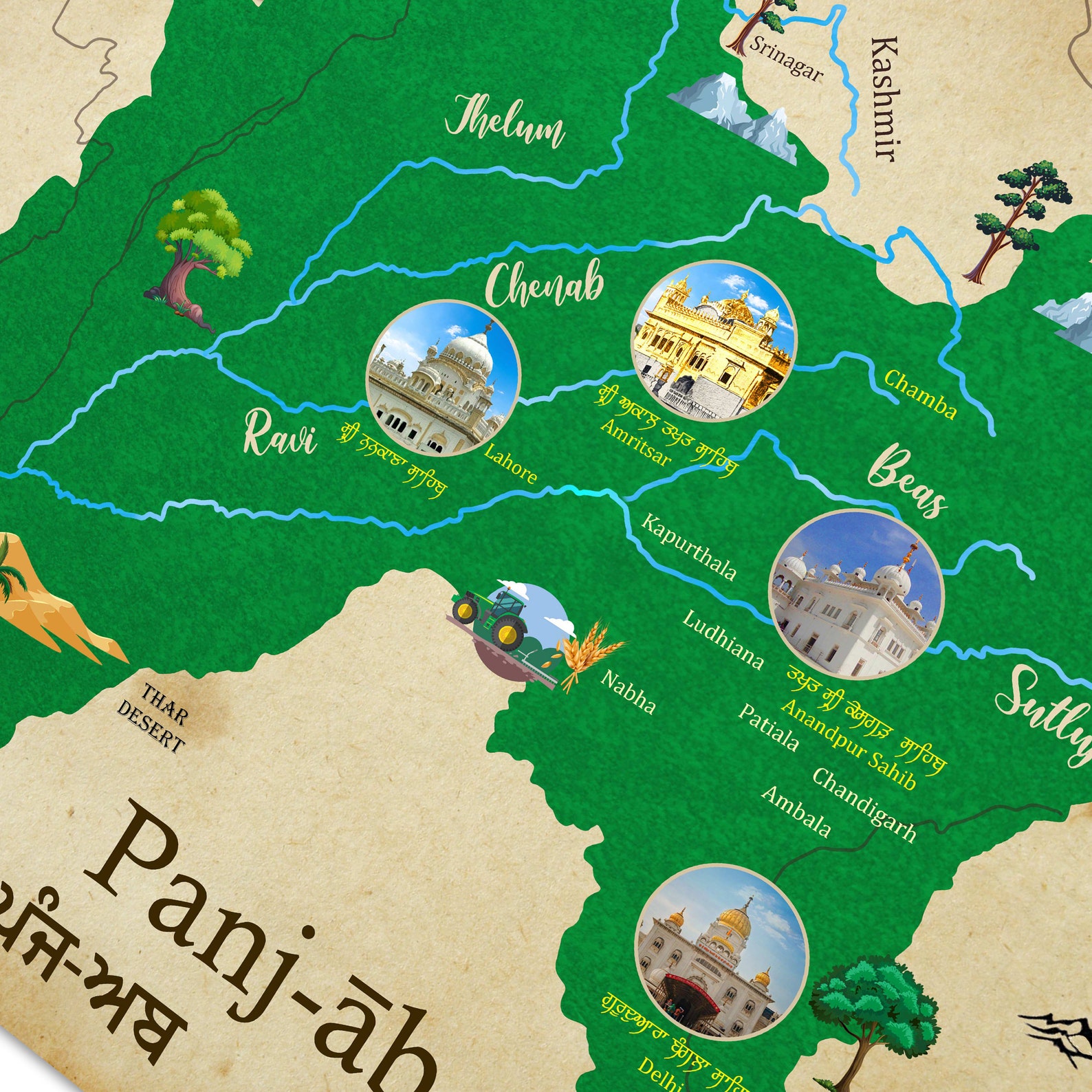 Karte von Punjab Land der 5 Flüsse Kunst des Punjab Etsy