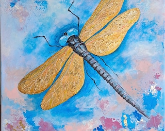 立体的な構造を持つトンボの絵画。アクリル画。金箔使用。壁飾り。昆虫