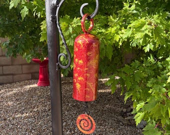 Steel Cylinder Tank Bell Wind Chime: Asian Inspired Royal Red and Gold Verdigris Southwestern Yard Art