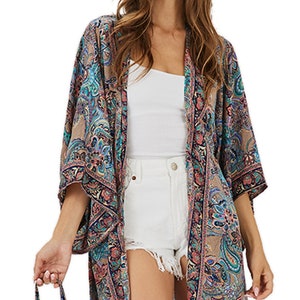 Blue Gray Midi Kimono Dressing Robe For women, Kimono Swimsuit Cover Ups for Women & Matching Tote Bag