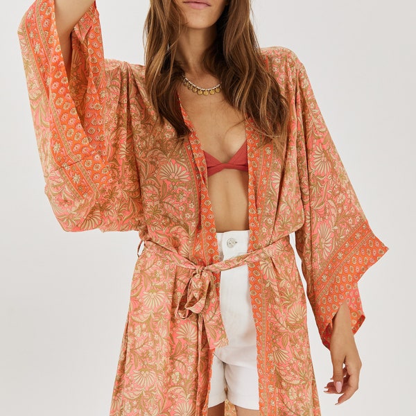 Antique Pink Kimono Dressing Robe For Women, Swimsuit Cover Up