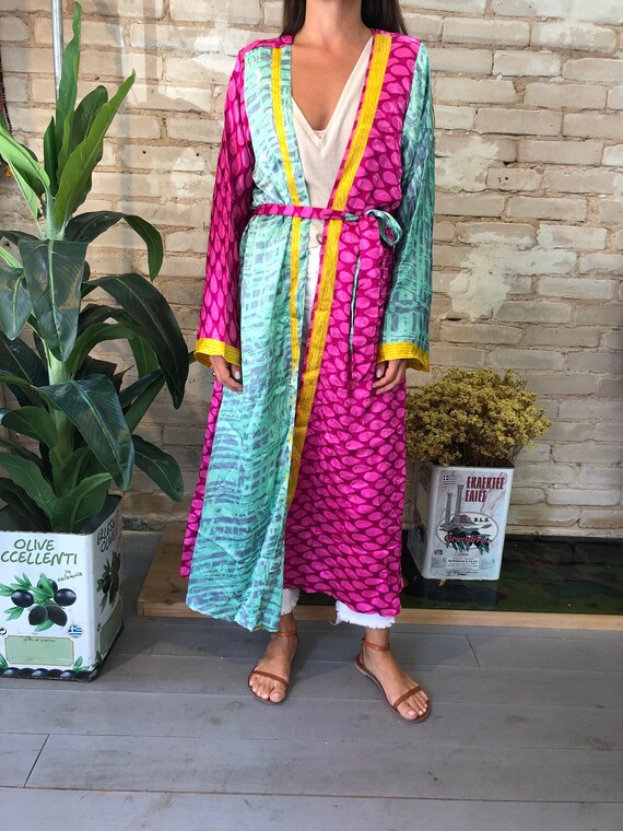 Pink & Blue Floral Kimono, Silk Kimono Robe, Dress