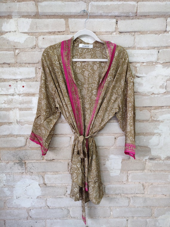 Beige & Pink Floral Kimono, Silk Kimono Robe, Dres