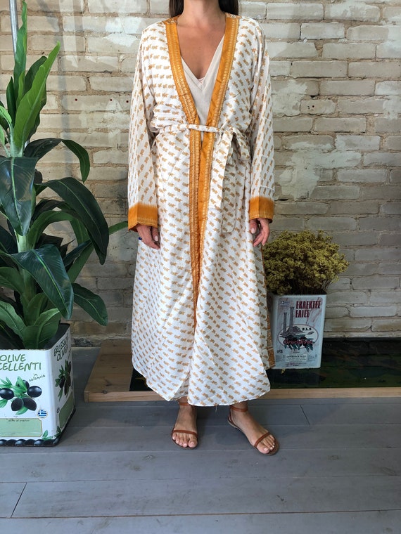 Orange & White Floral Kimono, Silk Kimono Robe, Dr