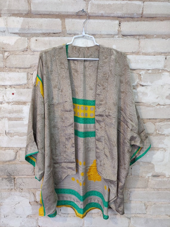 Beige & Green Floral Kimono, Silk Kimono Robe, Dre