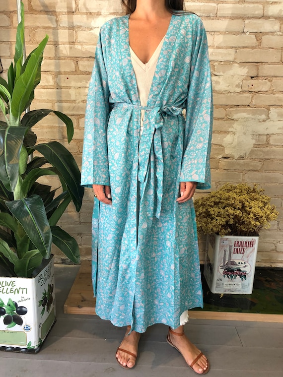Light Blue Floral Kimono, Silk Kimono Robe, Dressi