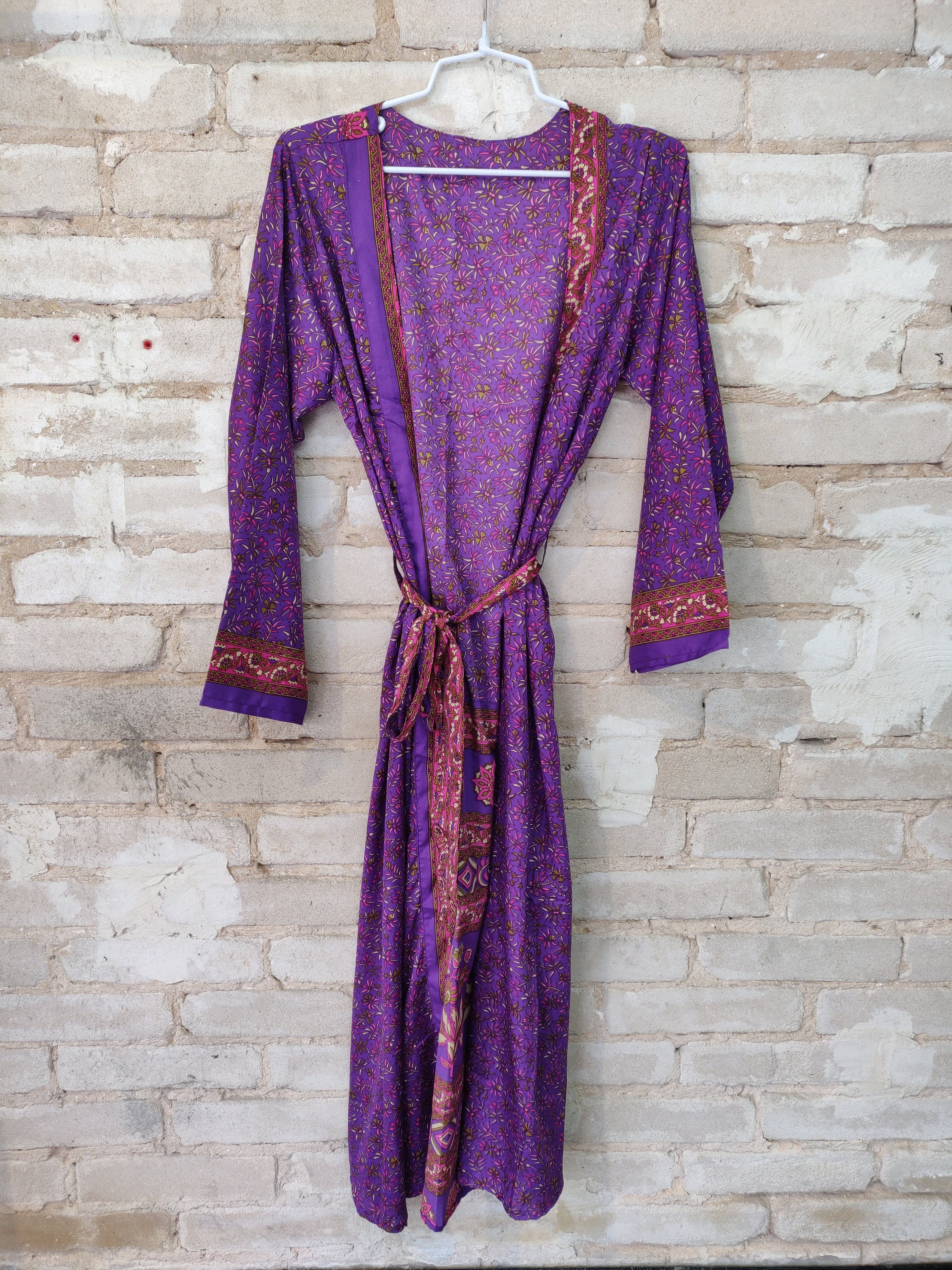 Purple Floral Kimono Silk Kimono Robe Dressing Robe Boho | Etsy