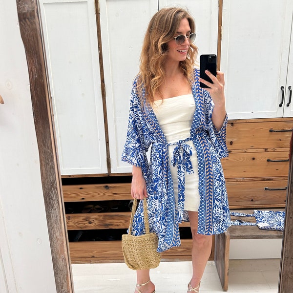 Blue & White Floral Kimono Dressing Robe For Women, Beach Cover Up