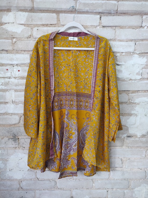 Mustard Floral Kimono, Silk Kimono Robe, Dressing