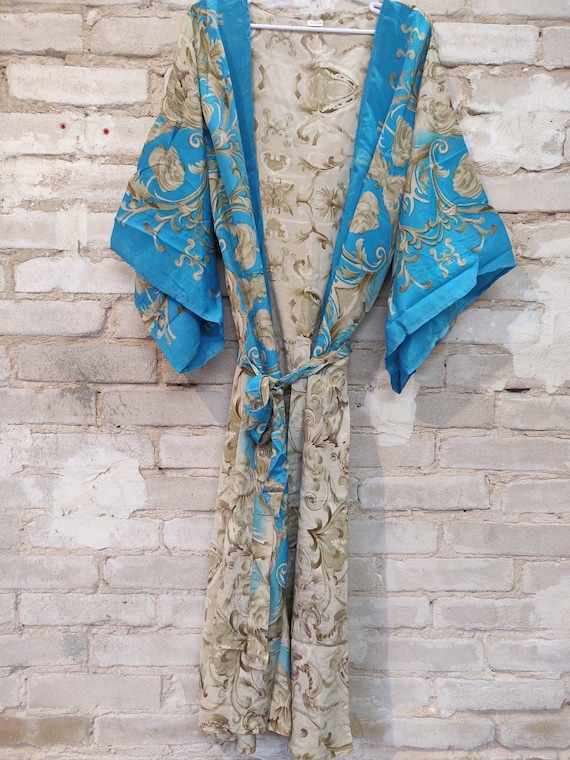 Blue & Beige Floral Kimono, Kimono Robe, Dressing