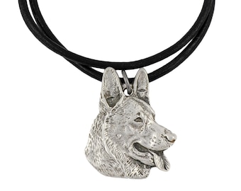 German Shepherd Necklace, Silver Plated Dog Pendant on a Leather Cord, Natural Thong, Unisex, Gift Box