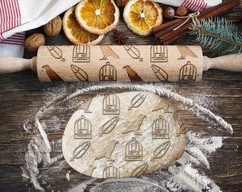 Writer, Crow, Feather Rolling Pin for Cookies, Engraved Rolling-pin, Embossing Rolling Pin, Roller with Your Patter