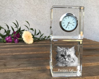 Persian Cat Engraved Crystal Clock, Crystal clock with cat, Standing Decoration with Cat, Custom Clock, Personalized Photo